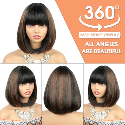 RSPO9# 10-Inch Straight Bob Wig with Bangs and Brown Highlights – Breathable Cap, Glueless Synthetic Short Wig for Women