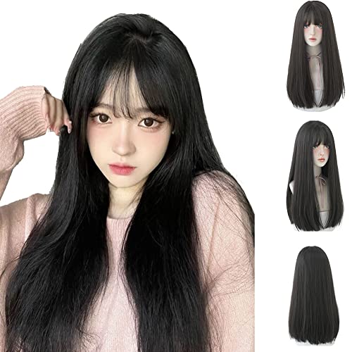 Long Synthetic Hair Wig for Women - 23 Inch Black Brown Straight Cosplay & Party Wig with Bangs - Adjustable Fit