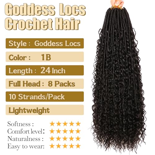 Goddess Faux Locs Crochet Hair 24 Inch - Boho Soft Locs for Black Women, Pack of 8 #1B