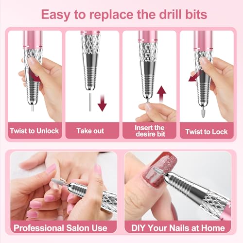 Electric Nail Drill Machine Professional, Cordless Rechargeable Nail Drill Kit Low Heat Quiet E-File for Acrylic Gel Polishing Removing with Bits Kit for Manicure Salon Home (Pink)
