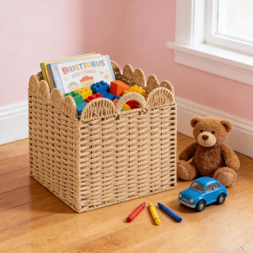 Set of 4 Scalloped Wicker Storage Cubes - 12x12x12 Inches, Khaki