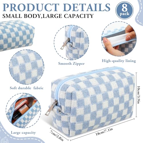 8 Pcs Checkered Makeup Bags Set - Small Cosmetic Pouch for Travel and Storage, Blue