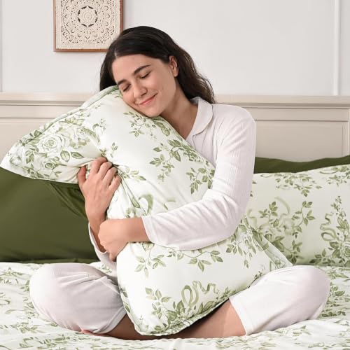 Floral Queen Comforter Set 7 Pieces Green Rose Bedding - Soft & Durable