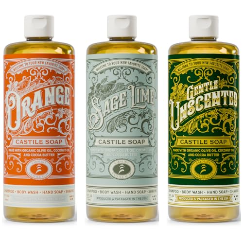 Carolina Castile Soap Carolina Orange, Unscented and Sage Lime Castile Soap Liquid - 32 oz Vegan & Pure Organic Concentrated Non Drying All Natural Formula Body Wash & Shampoo