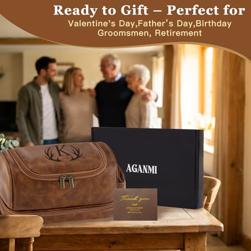 Personalized Men's Toiletry Bag with Initials - Light Brown, Waterproof PU Leather, Gift for Dad, Men, Birthday, Christmas