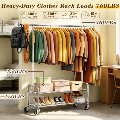 Silver Heavy Duty Stainless Steel Clothes Rack 760LBS Load Adjustable & Rolling