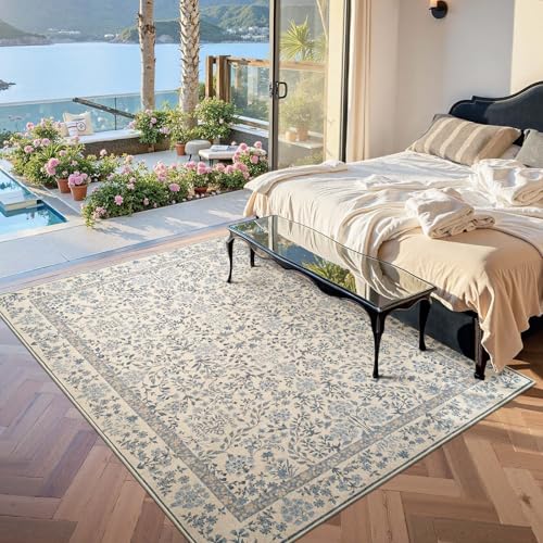 Blue/Cream 5x7 Washable Vintage Floral Area Rug for Living Room - Jinchan