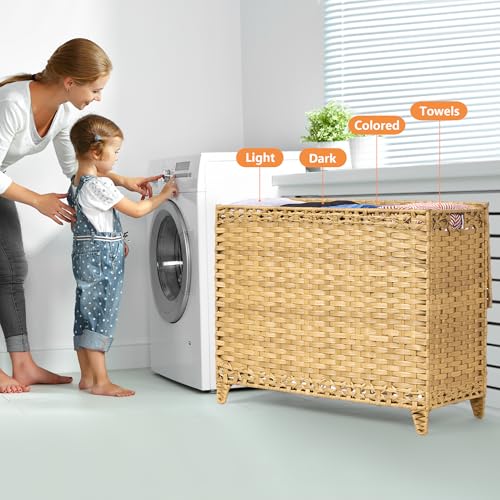 Laundry Hamper with 4 Removable Liner Bags - 176L Natural Rattan & Iron Frame - With Lid