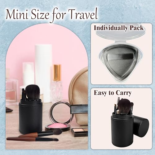 Brown Travel Makeup Brush Set with Case - 10 Pcs & 2 Pcs Powder Puff