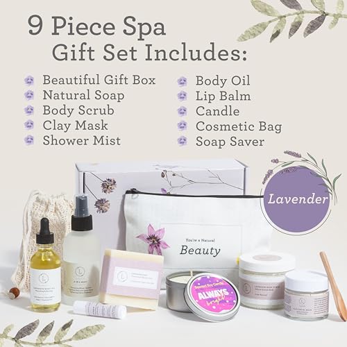 Spa Gift Set for Women - 9 Piece Lavender Body Care Kit with Candle & More - Handmade in USA (Pack of 1)