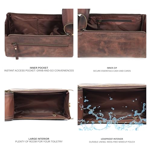 Dark Brown Full Grain Leather Men’s Travel Toiletry Bag with Dual Compartments