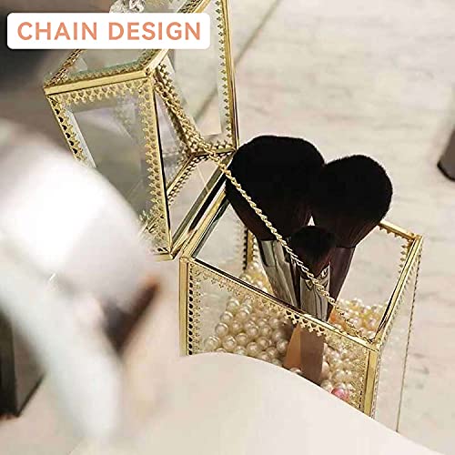 Glass Makeup Brush Holder with Lid Organizer Vintage Cosmetic Hexagonal Display Cases Brush Storage with Free White Pearls - Gold