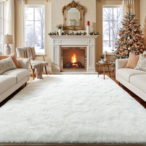 Rezutan Large 8x10 White Shag Rug – Soft Fluffy Non-Slip Area Carpet for Living Room & Bedroom