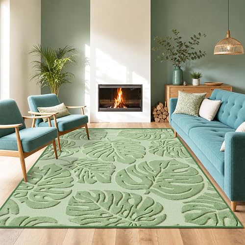 Sage Green Monstera Area Rug 6x9 High-Low Plush Washable Non-Slip Floor Covering