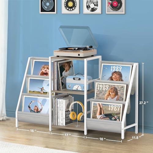 Tewinko Record Player Stand with Vinyl Storage - Two-Side White & Grey