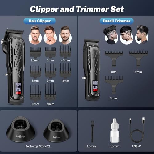 Brightup Professional Hair Clippers & Trimmers Set for Men - Powerful Motor, USB Charging, Adjustable Blades