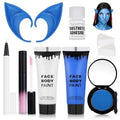 8pcs Avatar Makeup Kit,Navy Blue White Face Paint, Royal Blue Face Paint for Smurf Mystique Cosplay,Lip Gloss,White UV Eyeliner, Short Elf Ears,Single Eyeshadow,Halloween Body Paint Set with 2 Sponges