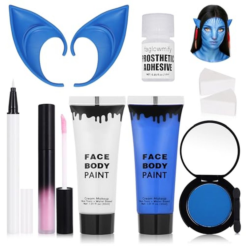 8pcs Avatar Makeup Kit,Navy Blue White Face Paint, Royal Blue Face Paint for Smurf Mystique Cosplay,Lip Gloss,White UV Eyeliner, Short Elf Ears,Single Eyeshadow,Halloween Body Paint Set with 2 Sponges