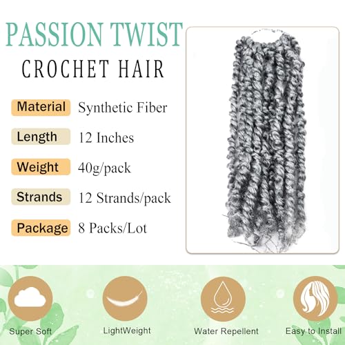 SUN LOCS 12 Inch Passion Twist Crochet Hair for Black Women - 8 Packs, TGrey#