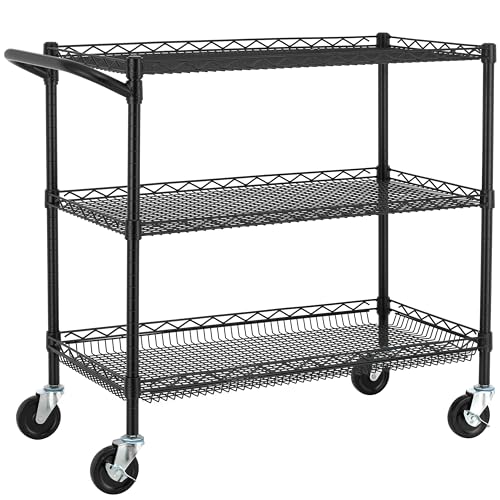 Heavy Duty 3-Tier Utility Cart - 36L x 18W x 35.4H Steel Wire Rolling Cart with Handle, Black