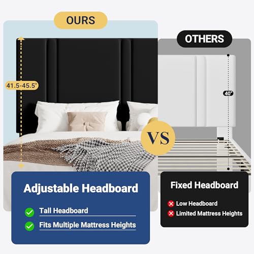 Black Queen Platform Bed Frame with Velvet Upholstered Headboard, Adjustable & Storage