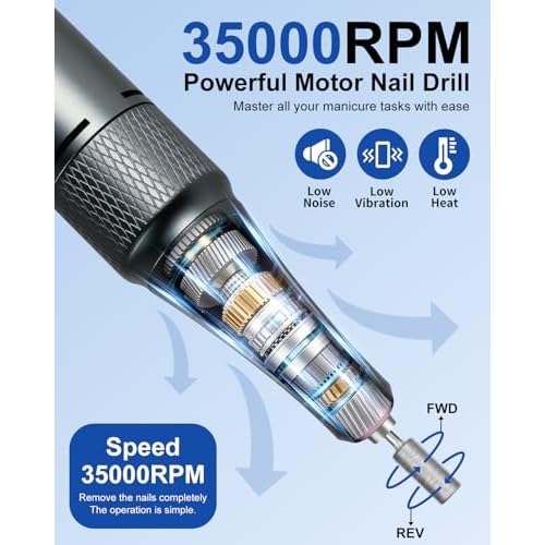 Professional Electric Nail Drill Kit 35000RPM with 14PCS Bits White Portable Rechargeable Cordless File Machine for Acrylic Gel Powder Nails and Manicure Pedicure Toenail Tool Salon Set