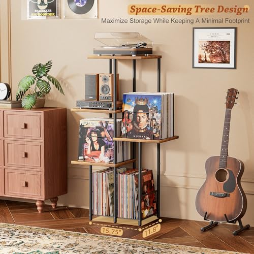 Black & Rustic Brown Vinyl Record Player Stand with Storage Shelves & Display - Mid Century Modern Tall Console
