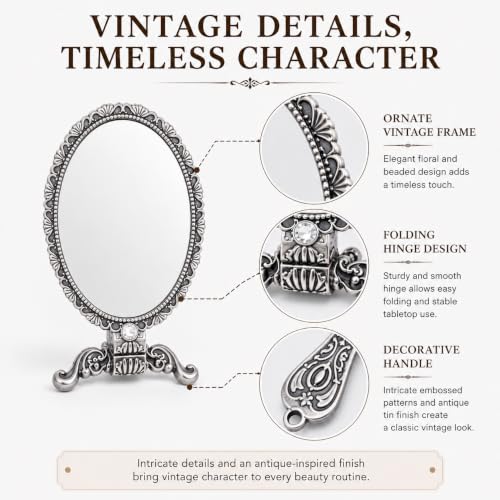 SEHAMANO Vintage Double Sided Handheld Makeup Mirror - Matte Grey (Tin) - Folding Travel & Stand Mirror with Magnification