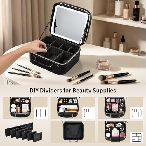 Faquenc Travel Makeup Bag with LED Lighted Mirror & Adjustable Dividers - Black