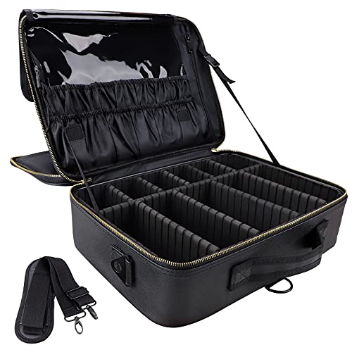 Large Capacity Travel Makeup Case - Black Portable Organizer with Adjustable Dividers and Shoulder Strap