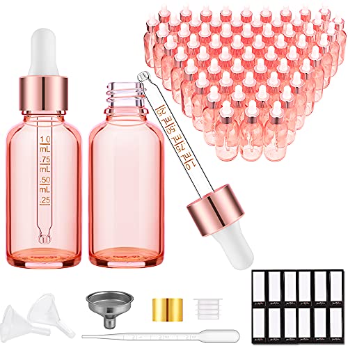 PrettyCare Glass Eye Dropper Bottles 2oz (60ml), 63 Pack Empty Thick Rose Glass Bottles Bulk with Leakproof Caps - With Labels & Funnels for for Storage, Travel,Essential Oils, DIY Serums, Tincture