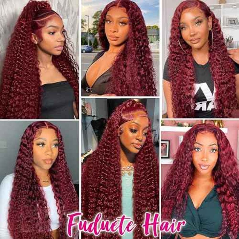 99J Burgundy Deep Wave 13x6 Lace Front Wigs Human Hair 200% Density Lace Frontal Wigs Human Hair Pre Plucked 99j Burgundy Deep Curly Wave HD Lace Front Wigs for Women (24Inch)