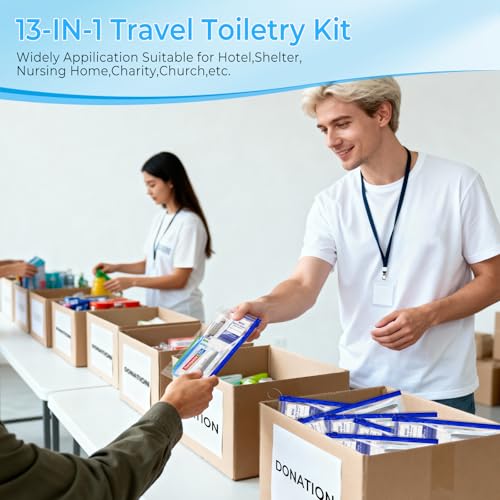 Personal Hygiene Kit Bulk Pack of 10,Individually Wrapped 13-IN-1 Blue Disposable Basic Travel Toiletry Set Homeless Care Package Supplies for Men,Women,Guests,Charity