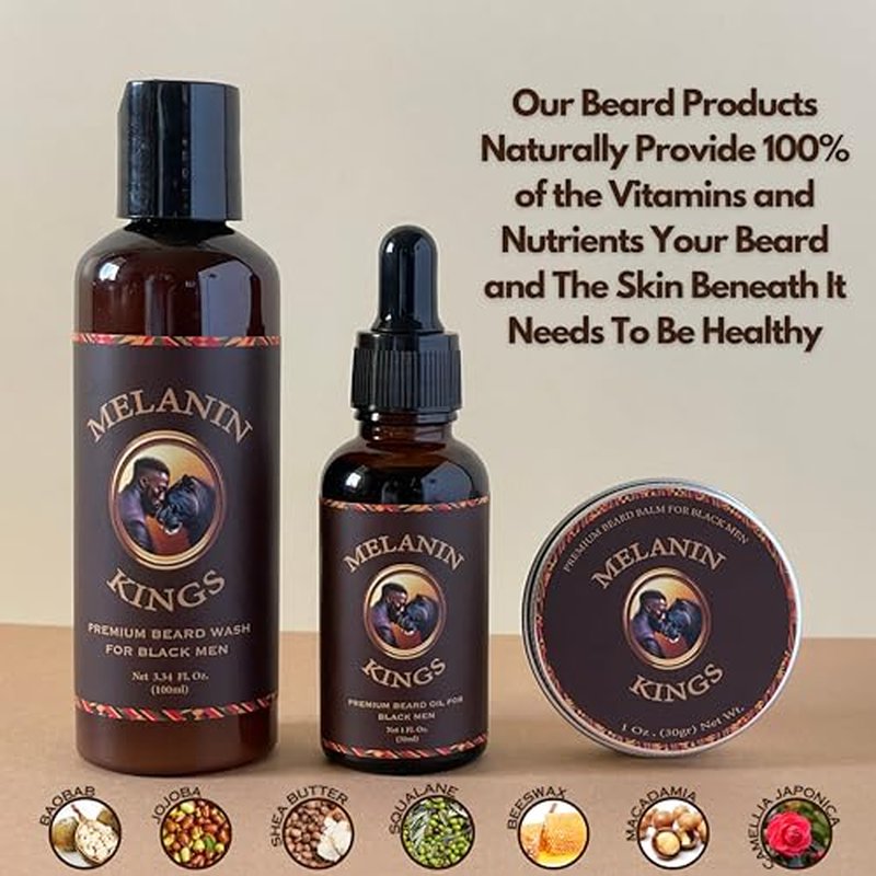 Melanin Kings Beard Grooming Kit for Men - Formulas With Ancient African Natural Ingredients | Beard Wash, Oil, Balm, Brush, Comb, Trimming Scissors