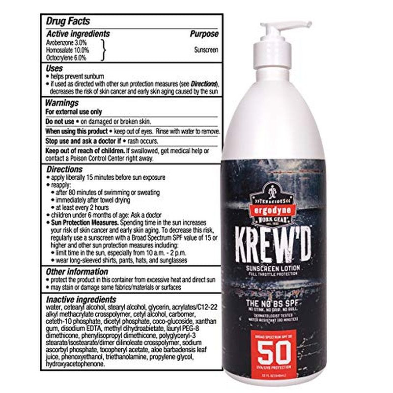 Ergodyne KREW¡¯D 6355 Sunscreen Lotion, Broad Spectrum SPF 50, Water Resistant, 32 oz, White