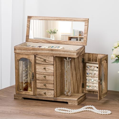 Miratino Bronze Wooden Jewelry Box for Women Girls - 5 Layer Organizer with Mirror