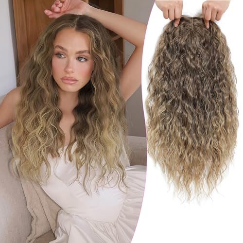 20 Inch Ash Brown to Blonde Ombre Curly Hair Topper - Clip-In Volume Extension