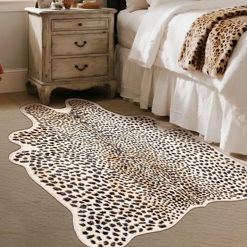 FelisLuxe Leopard Rug 5'2 x 6'6 Irregular Animal Print Carpet - Faux Fur, Non-Slip Backing