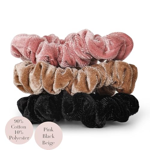 Pink Beige Black Cotton Velvet No Slip Scrunchies - Small 3 Pack