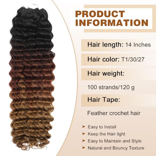 Deep Wave Feather Crochet Hair - 100 Strands, 14 Inch, T1/30/27, Knotless Style for Black Women