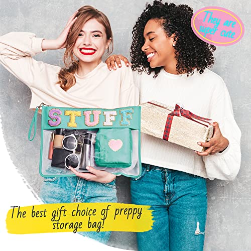 Large Chenille Letter Bag, 2 PCS Preppy Stuff Clear Bag, PU Waterproof Snack Makeup Sunscreen Bag Travel Cosmetic Pouch, Gift for Women Girls