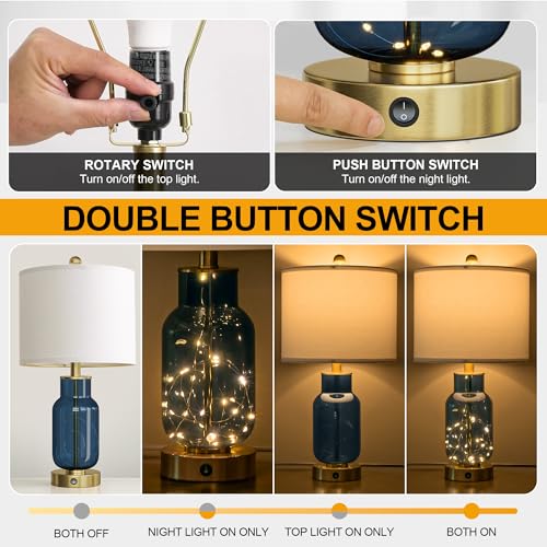 22-Inch Glass Table Lamps Set of 2 with LED Nightlight - Blue - Bedroom Decor