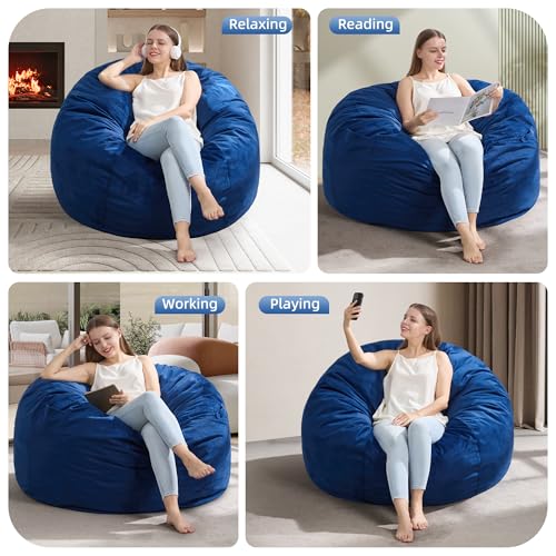 Hobestluk Blue Large Velvet Bean Bag Chair for Adults with Memory Foam Filling