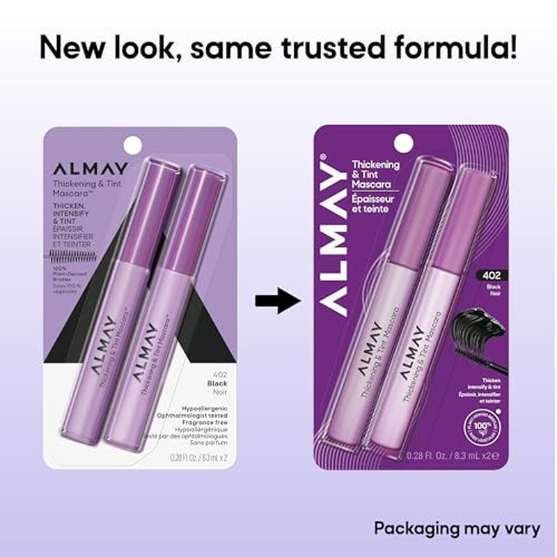 Almay Thickening & Tint Mascara, Instant Soft Full Volume, Conditions & Darkens Natural Lashes Over Time, No Flaking or Clumping (Packaging May Vary), 402 Black, 2 count