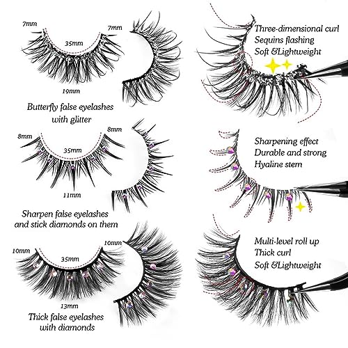 Uranian False Eyelashes with Glitter Natural Look Faux Mink Lashes Fluffy Wispy Fake Eyelashes Thick Lash Clusters Eye Lash Extension Luxury Rhinestone False Eye Lashes for Women (10 Pairs)