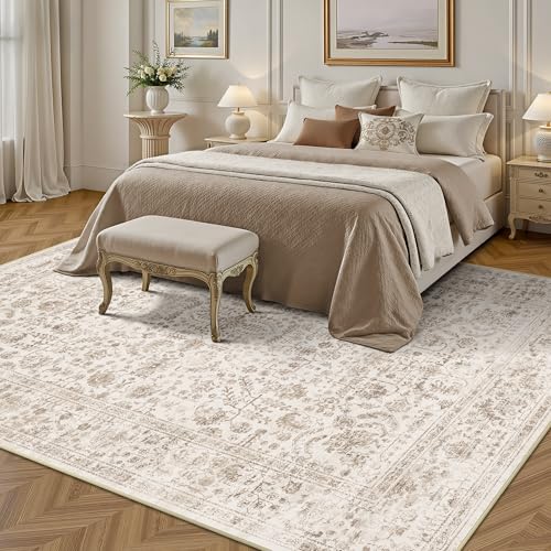 Yarooge 8x10 Light Brown Washable Vintage Floral Rug - Non-Slip Low Pile Carpet for Living Room & Bedroom