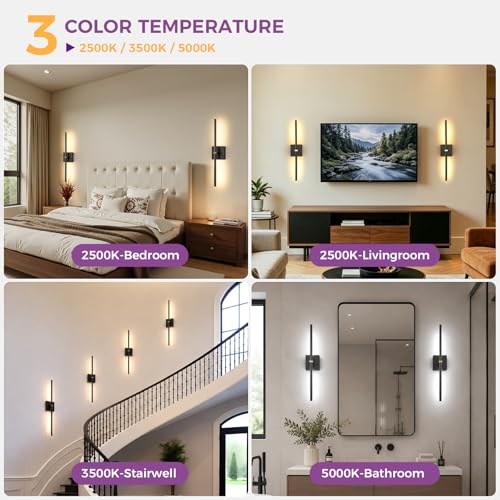 Joossnwell Black & Gold Battery Operated Wall Sconces Set of 2, 24 Inch Modern Wireless Lighting with Dimmable LEDs