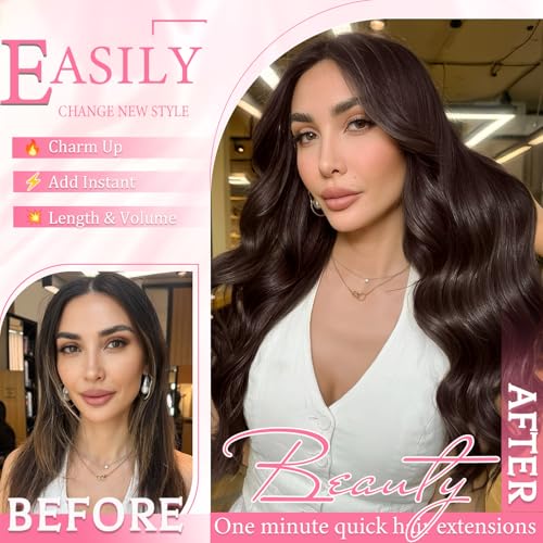 Dark Brown Clip-In Human Hair Extensions - 14 Inch, Salon Quality, Easy Style - Variation #2