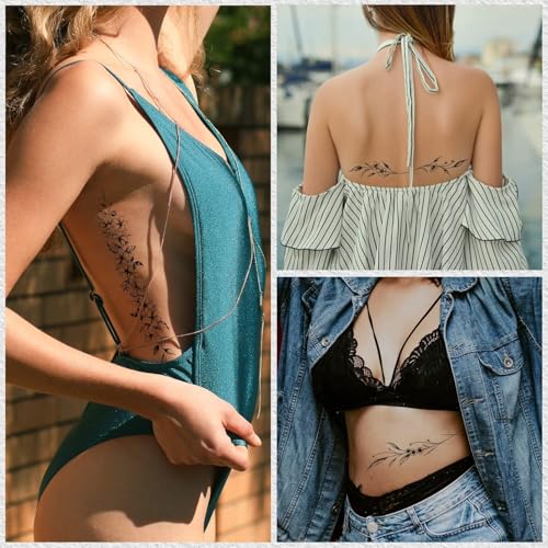 Leesgel Temporary Tattoos Women, 12 Sheets Long Flowers Vine Leaves Plant Tattoo for Women Adults, Black Semi Permanent Personality Waist Arm Foot Stick on Tattoos Stickers