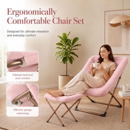 Pink Oversized Saucer Chair with Ottoman - Faux Fur Lounge Chair for Adults
